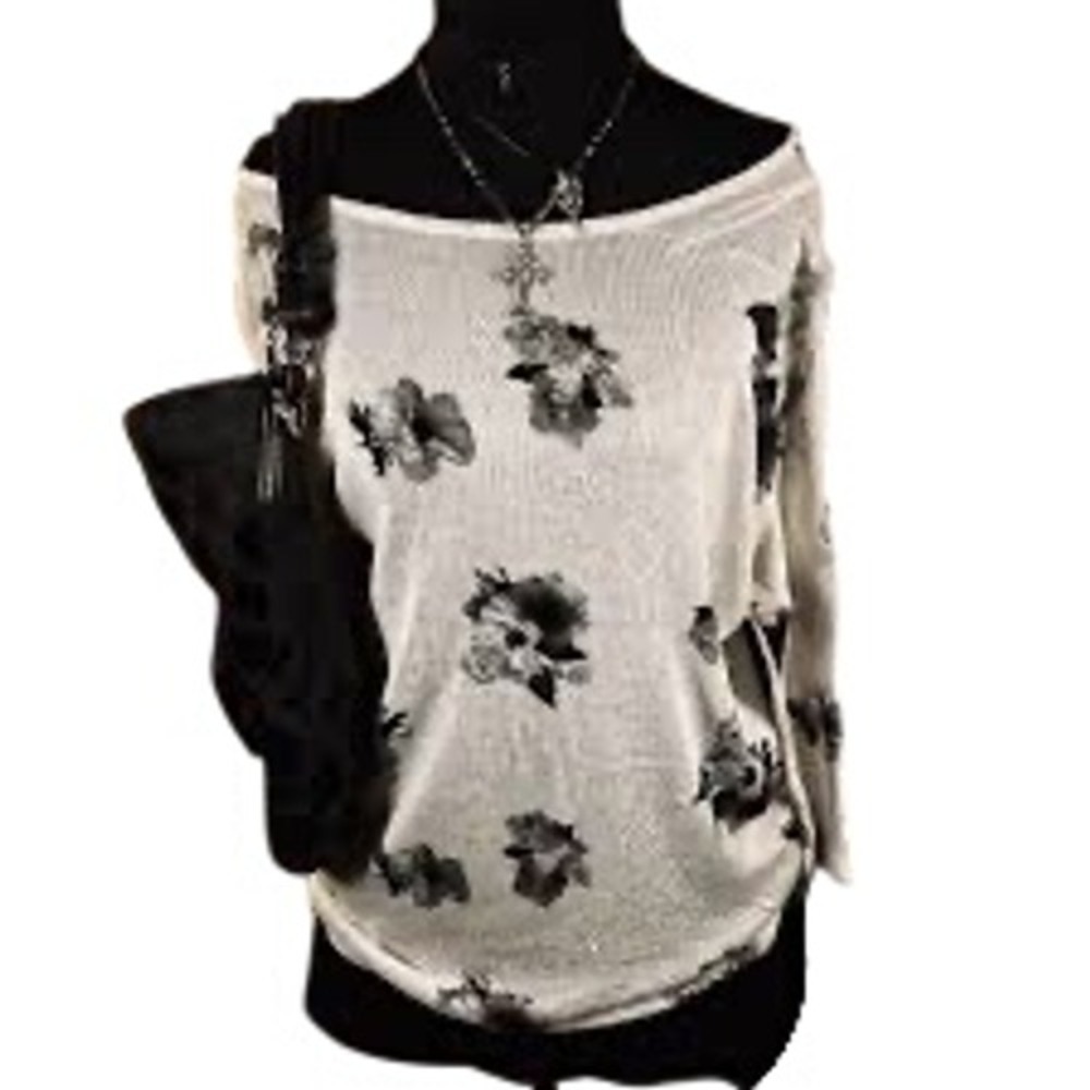(S2) H&M Divided Women White Black Floral Lightweight Knit Oversized Sweater S